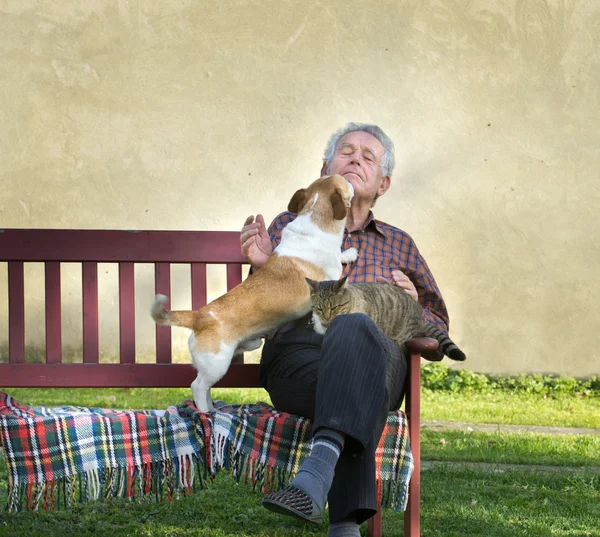 Viejo con perro y gato — Foto de Stock