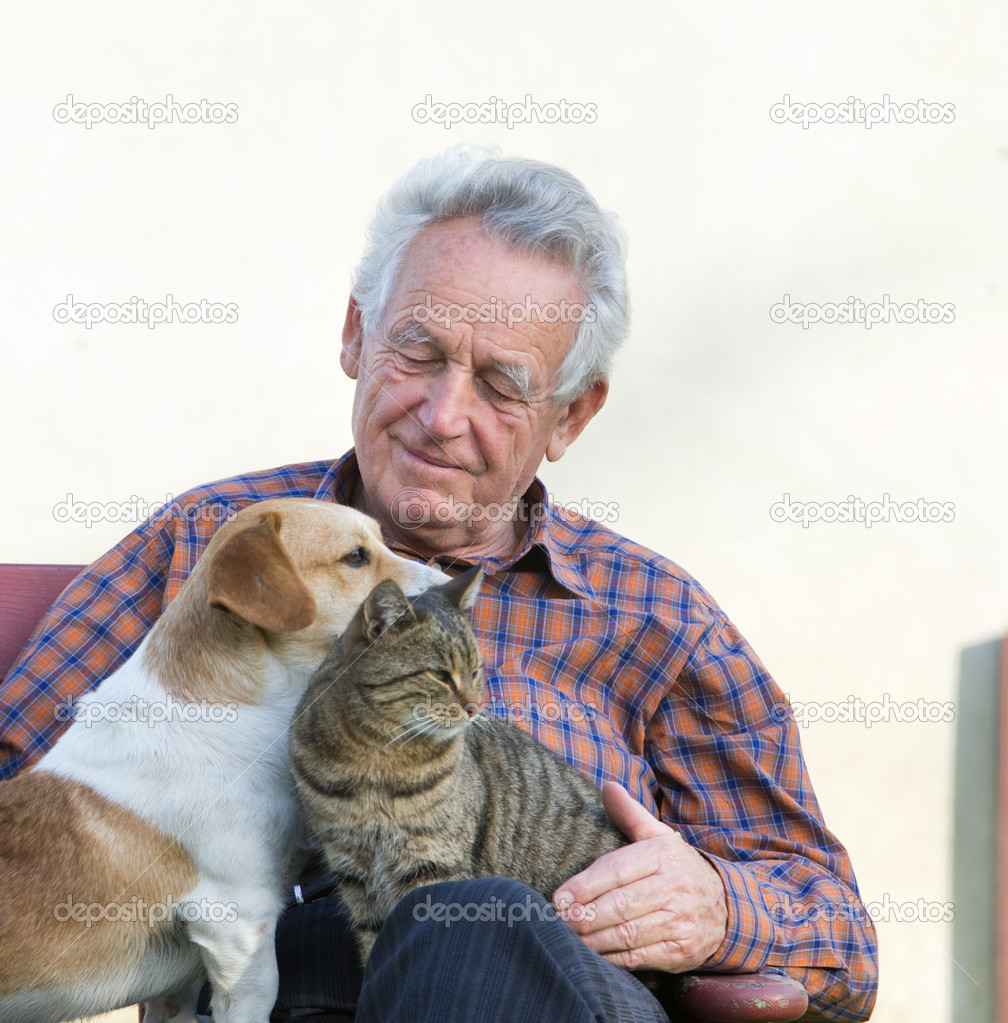 Vieil Homme Avec Chien Et Chat Image Libre De Droit Par Budabar C