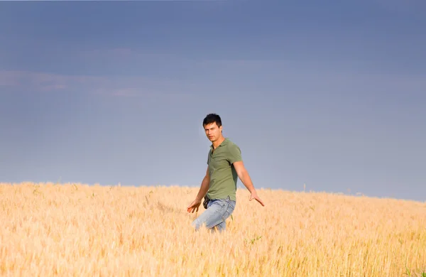 Atrakcyjny mężczyzna jęczmienia znajdującego się w polu — Zdjęcie stockowe