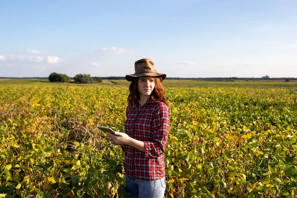 Jovem Agricultora Com Chapéu Camisa Xadrez Campo Soja Verão Segurando — Fotografia de Stock