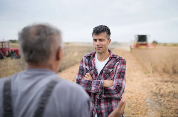 Two Farmers Standing Soyfield Harvest Talking Younger Man Smiling Holding — Stock Photo, Image