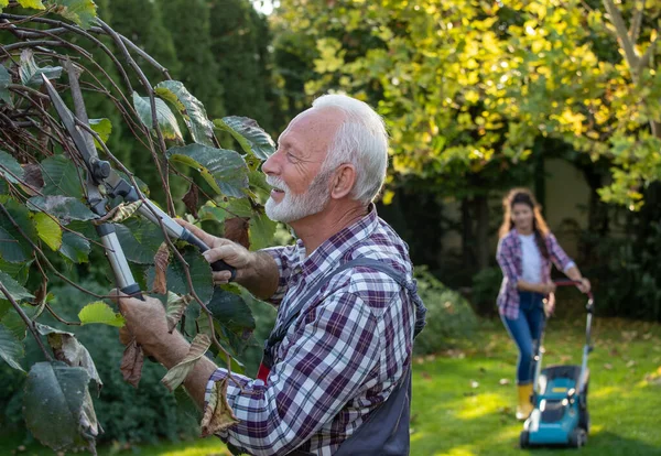 Starý Muž Prořezávání Stromu Zatímco Dcera Pomáhá Sekačkou Trávu Zahradě — Stock fotografie