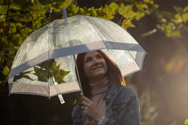 Portrait Smiling Red Hair Girl Blue Eyes Standing Transparent Umbrella — Stock Photo, Image