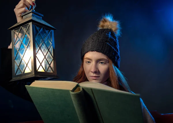Portrait Pretty Young Red Hair Girl Holding Old Book Lantern — Stock Photo, Image