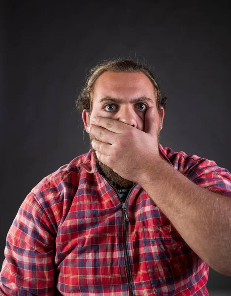 Man Holding Hand Mouth Stop Saying Something Being Shocked Shoot — Stock Photo, Image