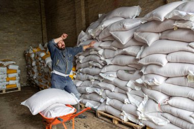 Tired manual worker resting on a break in distribution warehouse of livestock food.