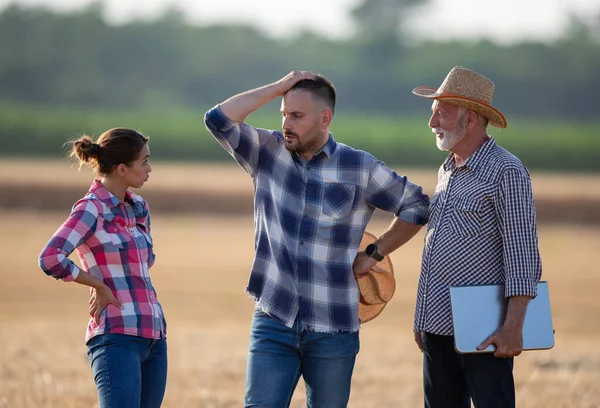 Grupo Agricultores Descontentos Hablando Sus Problemas Con Cosecha Granja Ecológica — Foto de Stock