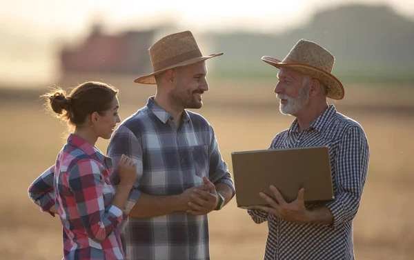 Senior Agricultor Experimentado Con Portátil Explicando Algo Los Agricultores Más — Foto de Stock