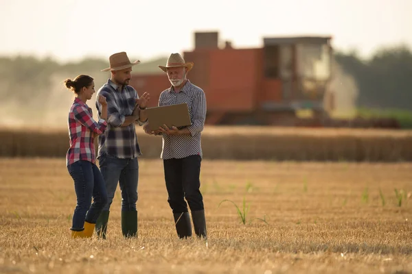 Agricultor Experiente Sênior Com Laptop Explicando Algo Para Agricultores Mais — Fotografia de Stock
