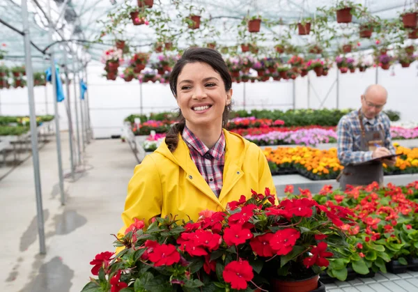 Portrait Smiling Successful Young Greenhouse Owner Standing Amongst Her Plants — Fotografia de Stock