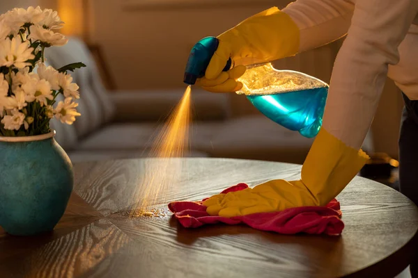 Close up of female hand with protection gloves spraying and wiping table at home at sunset