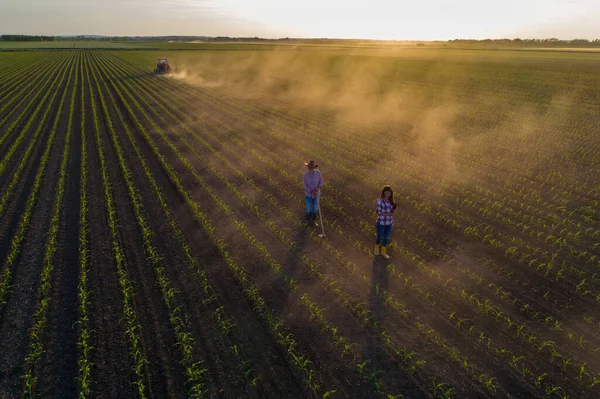 Aerial Image Senior Farmer Working Hoe Corn Field Business Woman — ストック写真