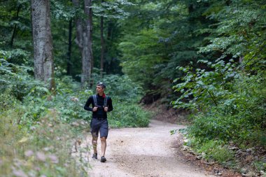 Sırt çantalı yetişkin bir adam yaz zamanı ormanda yürüyor.