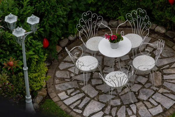 Aerial Image Outdoor Table Chairs Wrought Iron Stone Patio Garden — Stock Fotó