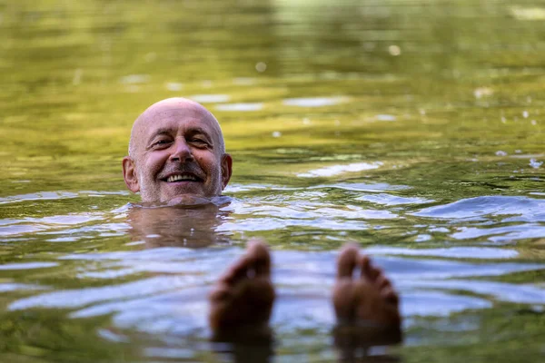 Happy Senior Man Swimming Green Water River Summer — Stock Photo, Image