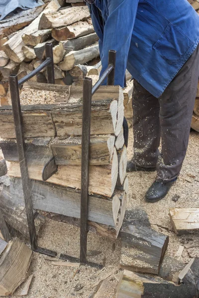 Lumberjack skære bunke af træ 2 - Stock-foto