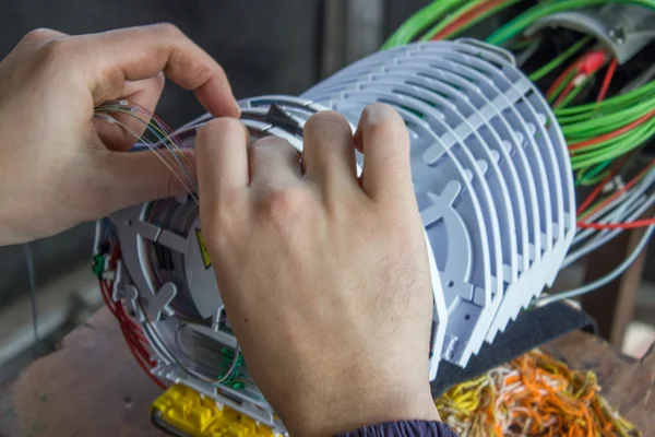 Técnico de fibra óptica manecillas ordena cables ópticos —  Fotos de Stock