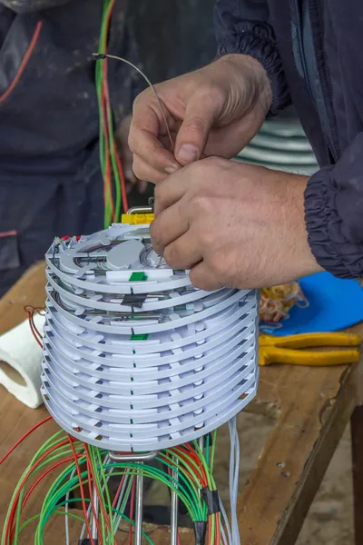 Un technicien en fibre optique trie des câbles optiques dans un casset d'épissure de fibre — Photo