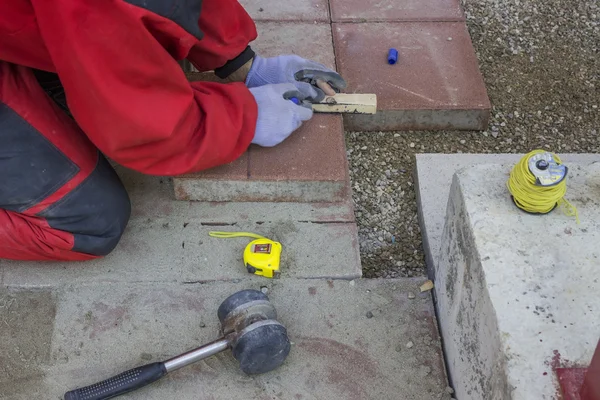 Measure and marking pavings stones — Stock Photo, Image