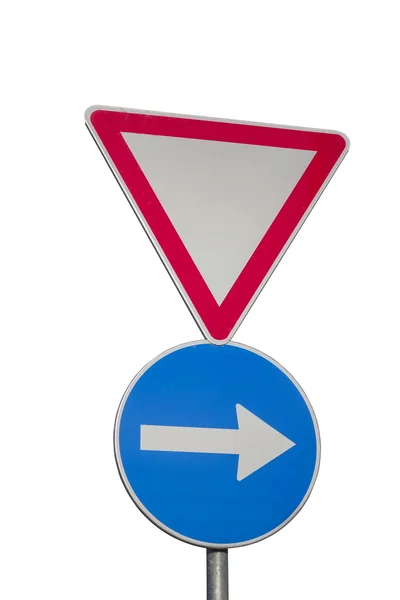 Traffic sign for give way priority yield road and blue direction — Stock Photo, Image