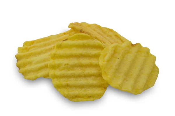 Geribde gele potato chips geïsoleerd op witte achtergrond — Stockfoto