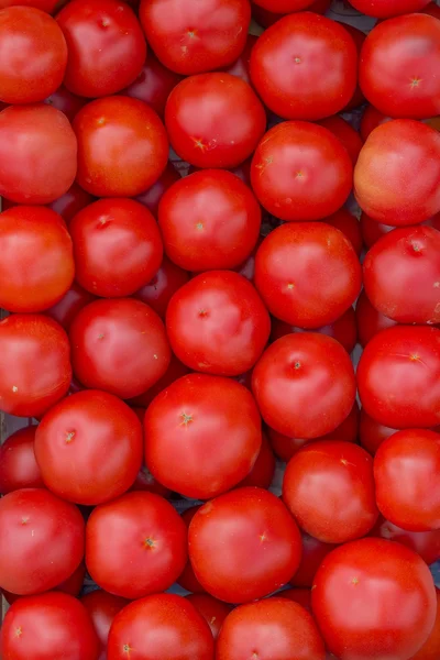Mercato contadino pomodoro in casse di legno, sfondo — Foto Stock