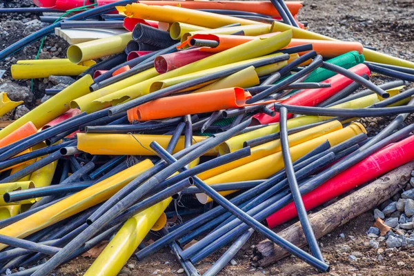 Heap Resíduos Diferentes Tubos Pvc Fundo Canteiro Obras — Fotografia de Stock