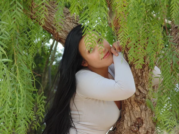 Mujer muy hermosa cerca del sauce del árbol . —  Fotos de Stock