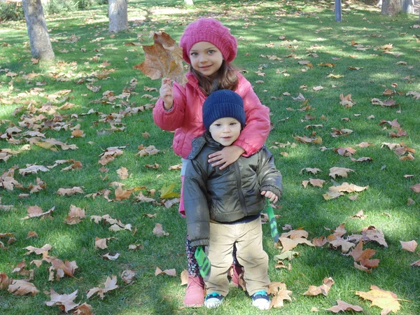 姐姐和哥哥在秋天公园 n 9. — 图库照片