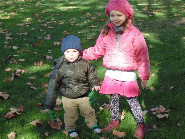 Syster och bror i höst park n 5. — Stockfoto