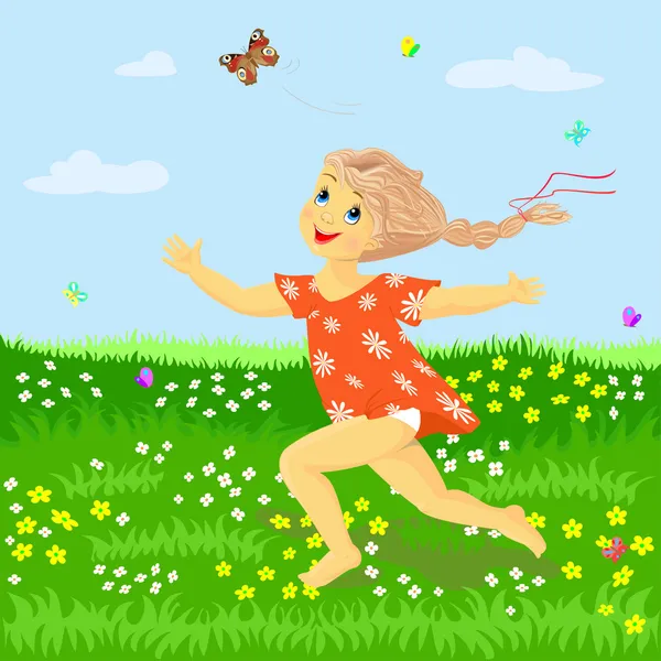 那女孩跑抓蝴蝶在草原上 — 图库矢量图片