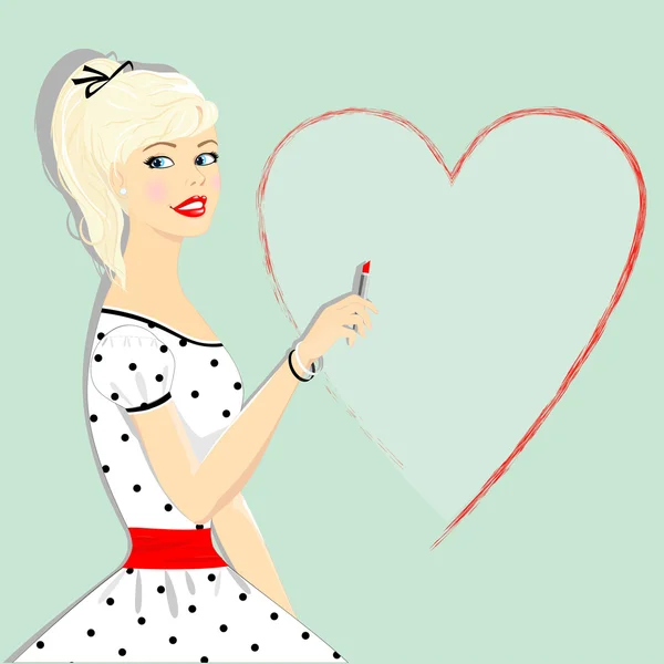 Retro hermosa chica con corazón, pin-up — Vector de stock