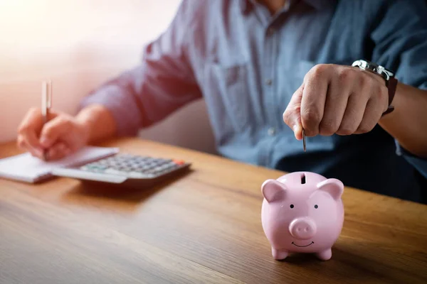 Bild Des Mannes Hand Legt Münzen Rosa Sparschwein Für Das Stockbild