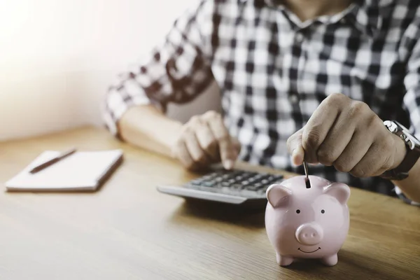 Image Man Hand Putting Coins Pink Piggy Bank Account Money — Stock Photo, Image
