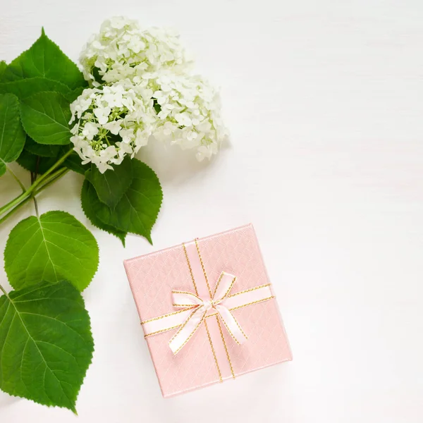 Hydrangea és egy ajándék egy rózsaszín doboz egy könnyű háttér — Stock Fotó