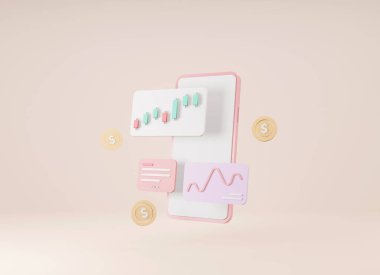 Kripto para ticareti ve büyüyen konsept. Bitcoin yatırımı ve borsa akıllı telefon ticareti. 3d oluşturma.