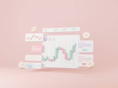 Kripto para ticareti ve büyüyen konsept. Bitcoin yatırımı ve borsa ticareti. 3d oluşturma.