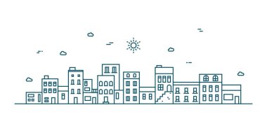 Vektör peyzaj çizgisi çizimi. Evlerle, binalarla, gökyüzüyle köy manzarası. Tek renkli çizgili sanat tarzında banliyö manzarası. Vektör illüstrasyonu.