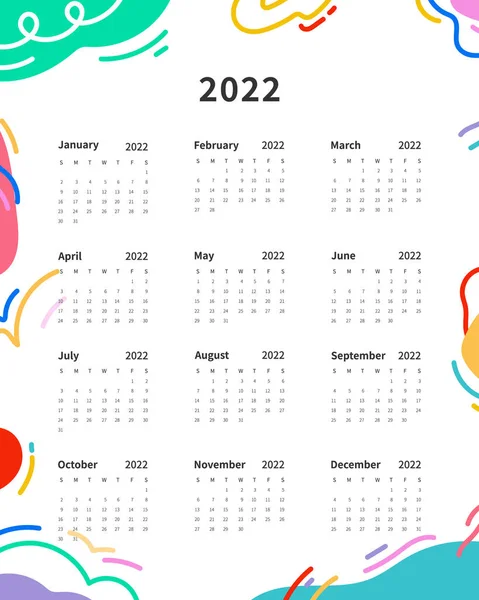 Calendario 2022 Plantilla 2022 Plantilla Planificador Calendario Semana Comienza Domingo — Vector de stock
