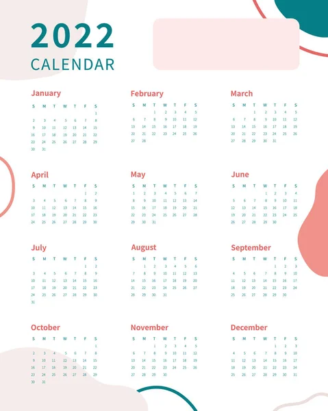 Calendar 2022 Template 2022 Calendar Planner Template Week Starts Sunday — Stockvektor