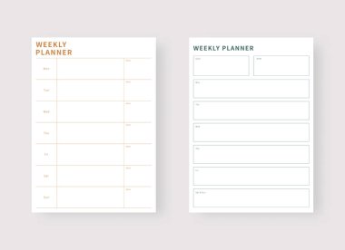 Haftalık plan şablonu. Planlayıcı ve yapılacaklar listesi. Modern şablon seti. Vektör illüstrasyonu.