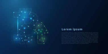 Çokgen telden büyüyen bitcoin işareti. Soyut düşük polimerli bitcoin işareti ve yukarı ok. Çizgiler ve noktalarla çokgen kablo çizimi. Vektör konsepti çizimi.