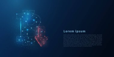 Çokgen telden aşağı ok ile Bitcoin işareti. Oku aşağıda olan soyut düşük polimerli bitcoin işareti. Çizgiler ve noktalarla çokgen kablo çizimi. Vektör konsepti çizimi.