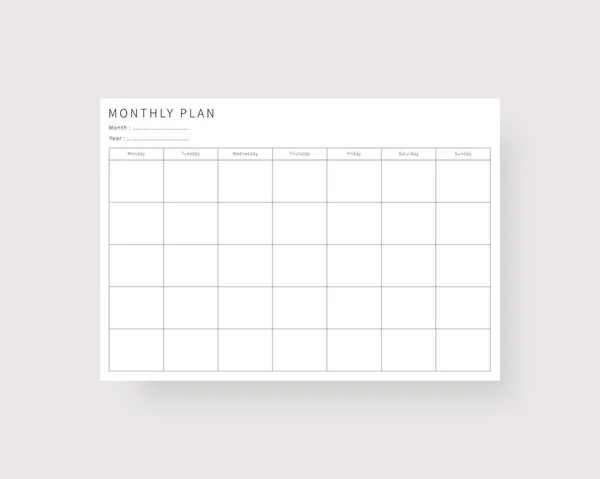 Plantilla Planificador Mensual Plantilla Calendario Mensual Ilustración Vectorial — Vector de stock
