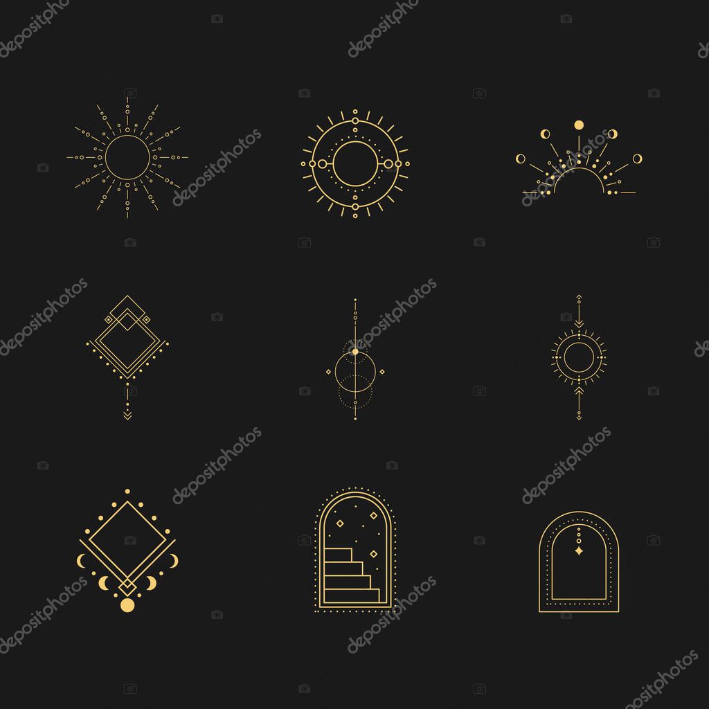 Minimal boho linear symbols. Set of celestial mystic element. Vector line art illustration.
