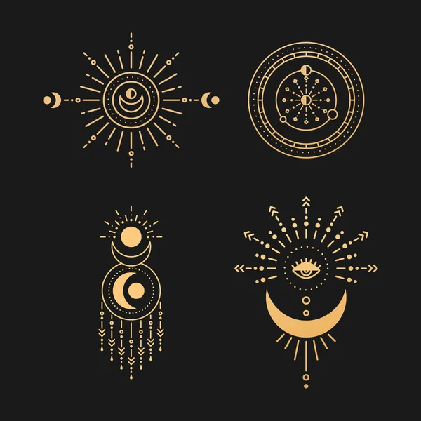 Set Moon Sun Line Art Minimal Boho Linear Symbols Celestial — Stock Vector