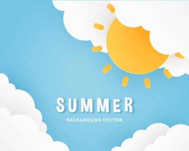 Yaz afişi arka planı. Mavi arka planda kabarık bulutlar ve güneş. Kağıt kesim stili. Vektör illüstrasyonu. 