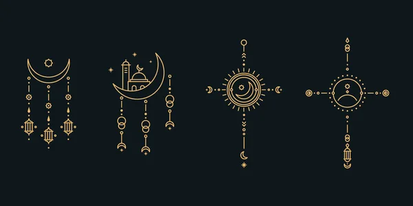 Ramadam Kareem Çizgisi Sanatı Asgari Boho Lineer Sembolleri Göksel Mistik — Stok Vektör