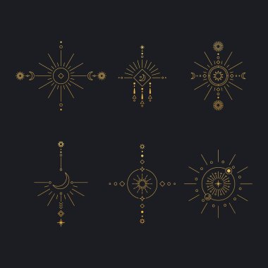 Ay ve Güneş Çizgisi Sanatı. Asgari boho lineer sembolleri. Göksel mistik element. Vektör çizgisi çizimi.