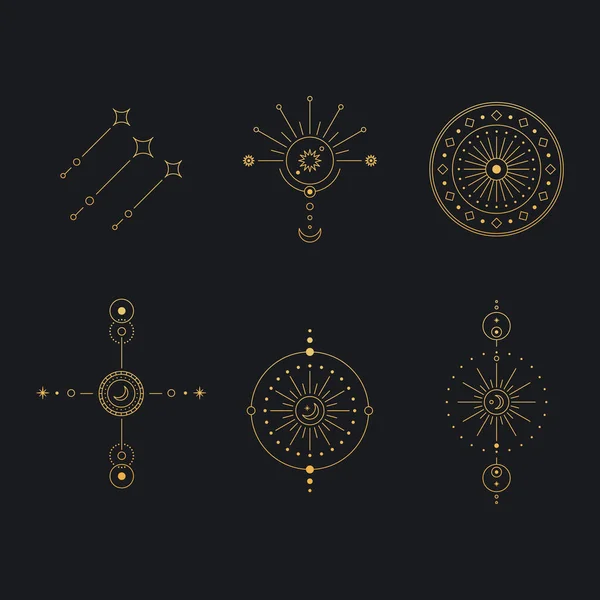 Set Moon Sun Line Art Minimal Boho Linear Symbols Celestial — Stock Vector